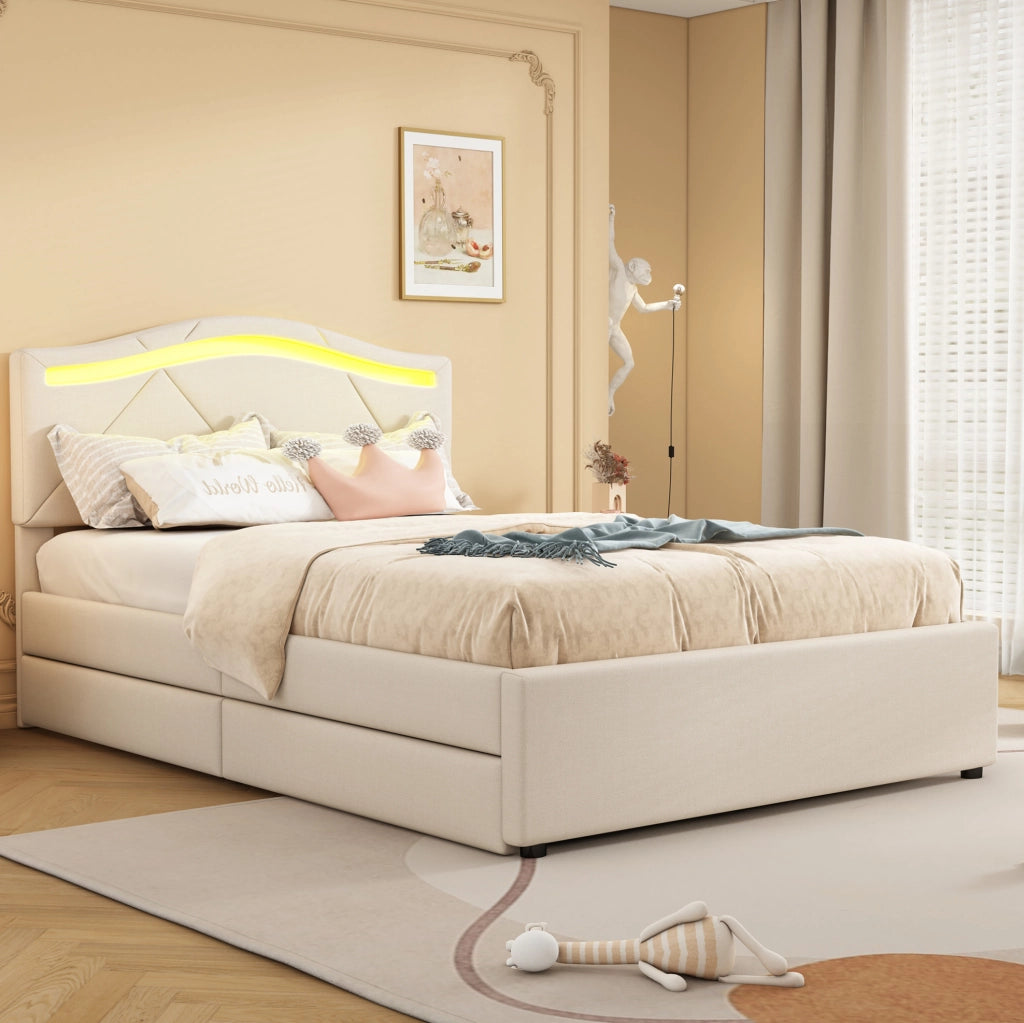 Letto 90x200 cm con LED; 2 cassetti e testiera regolabile in lino