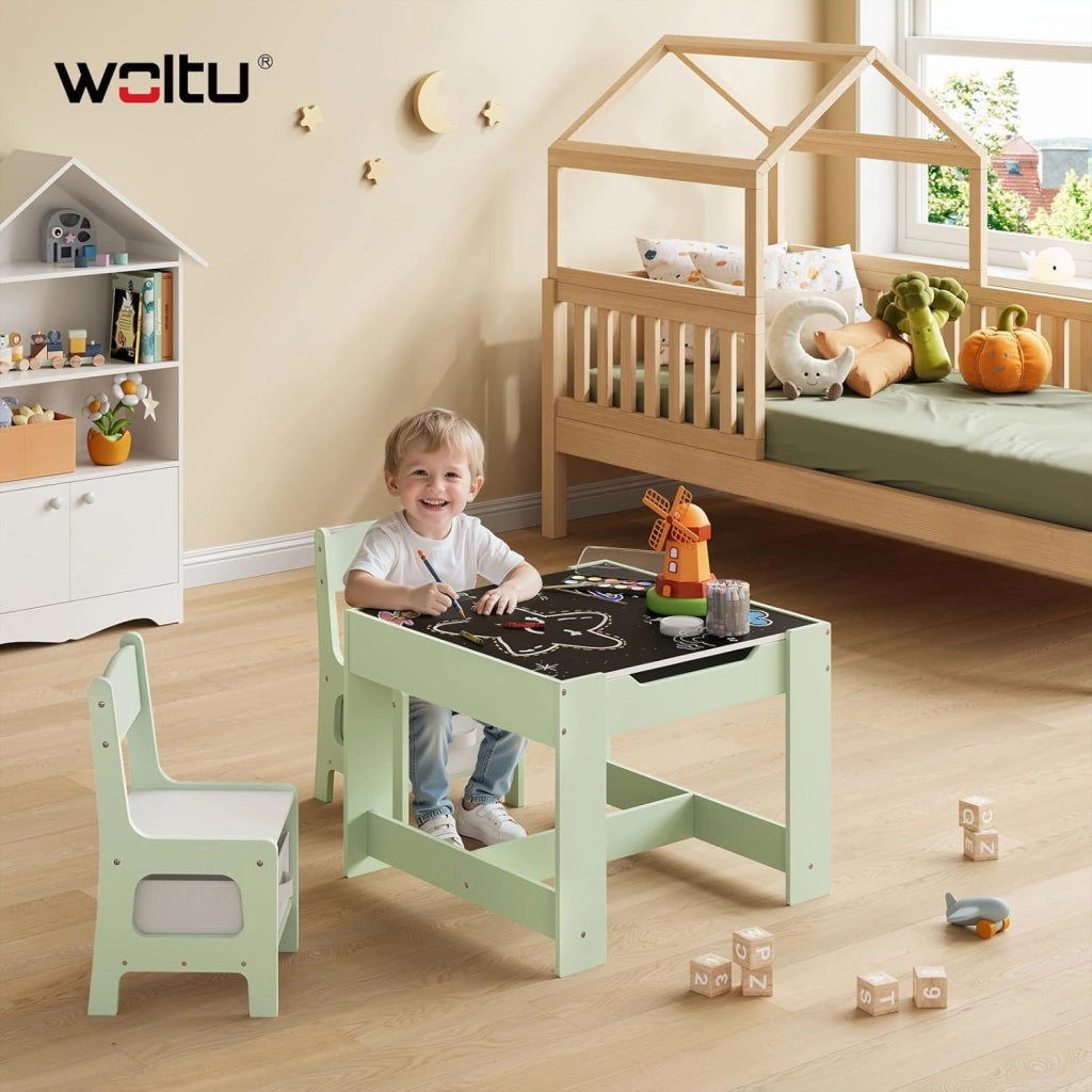 Set da Tavolino e Sedie per Bambini, Tavolo Bambini con 2 Sedie, Lavagna Reversibile, con Scomparto Nascosto e Scatole, per Cameretta, Asilo, Legno, Verde + Bianco