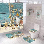 Set di tende doccia 4 pezzi per la stanza da bagno - Disegno blu con conchiglia e stella marina - Incluso tappeto bagno, tappeto per il water e ganci.