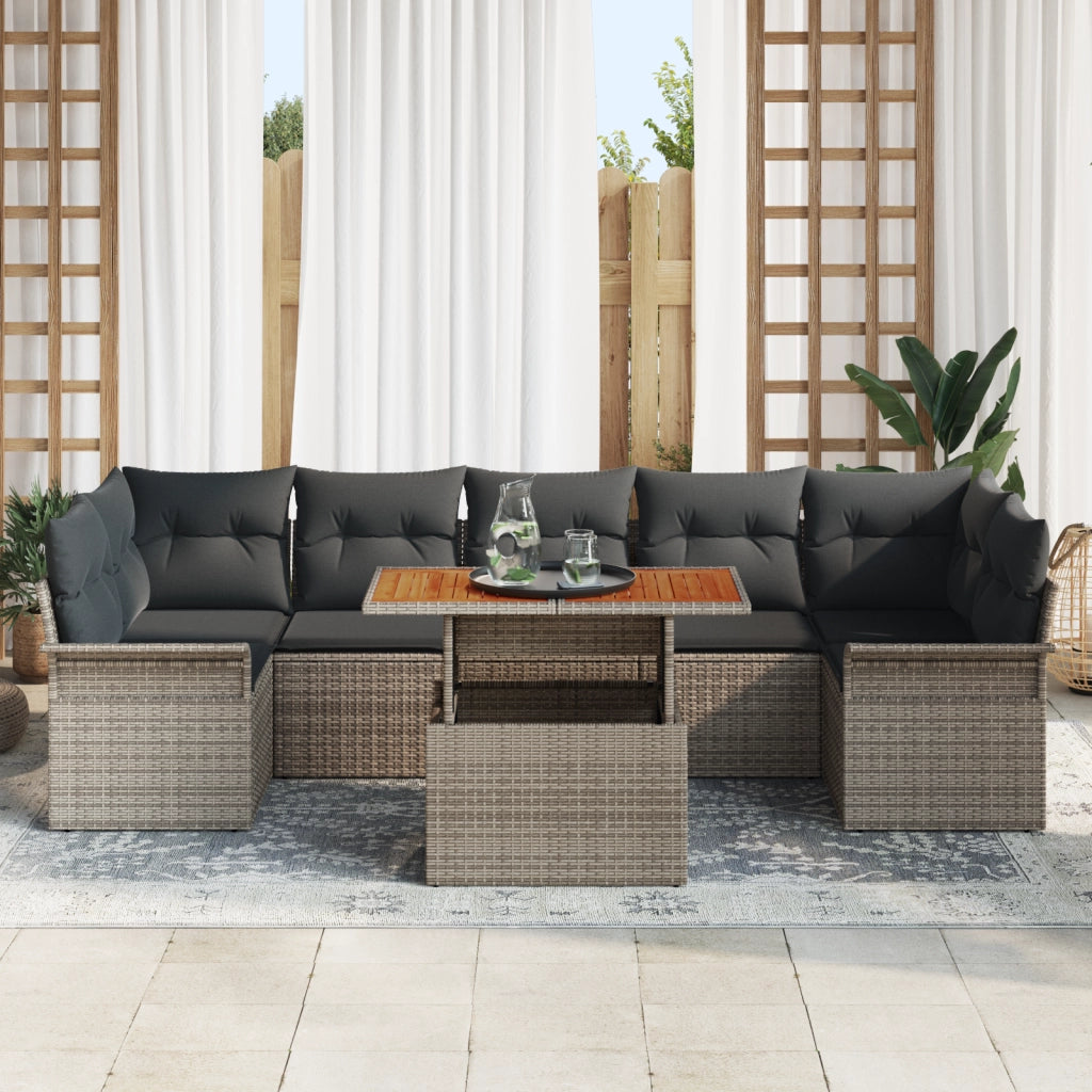 Set di divani da giardino 8 pezzi con cuscini Grigio Polyrattan Acacia
