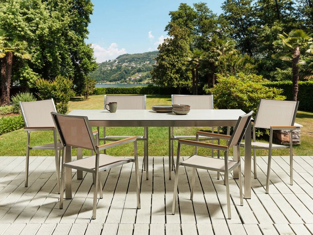 Set da pranzo da giardino con 6 posti in acciaio inox e vetro con sedie in tessuto bianco e beige esterno set moderno