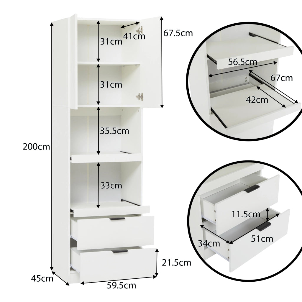 Mobile dispensa da cucina con 1 anta, 2 ripiani aperti e 2 cassetti, con antiribaltamento, bianco 59,5 × 45 × 200 cm