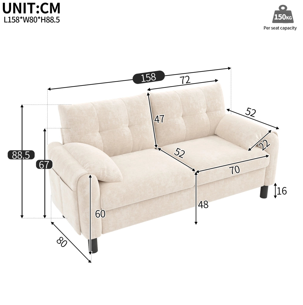 Divano 2 posti modulare in ciniglia beige con tasche laterali e 2 cuscini; 158 × 80 × 88;5 cm