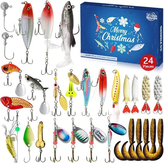 Calendario di pescaggio - Calendario per pescatori - 24 giorni di contenitore per pesci - Adatto per pescatori, adulti e adolescenti - Regalo di Natale 2025