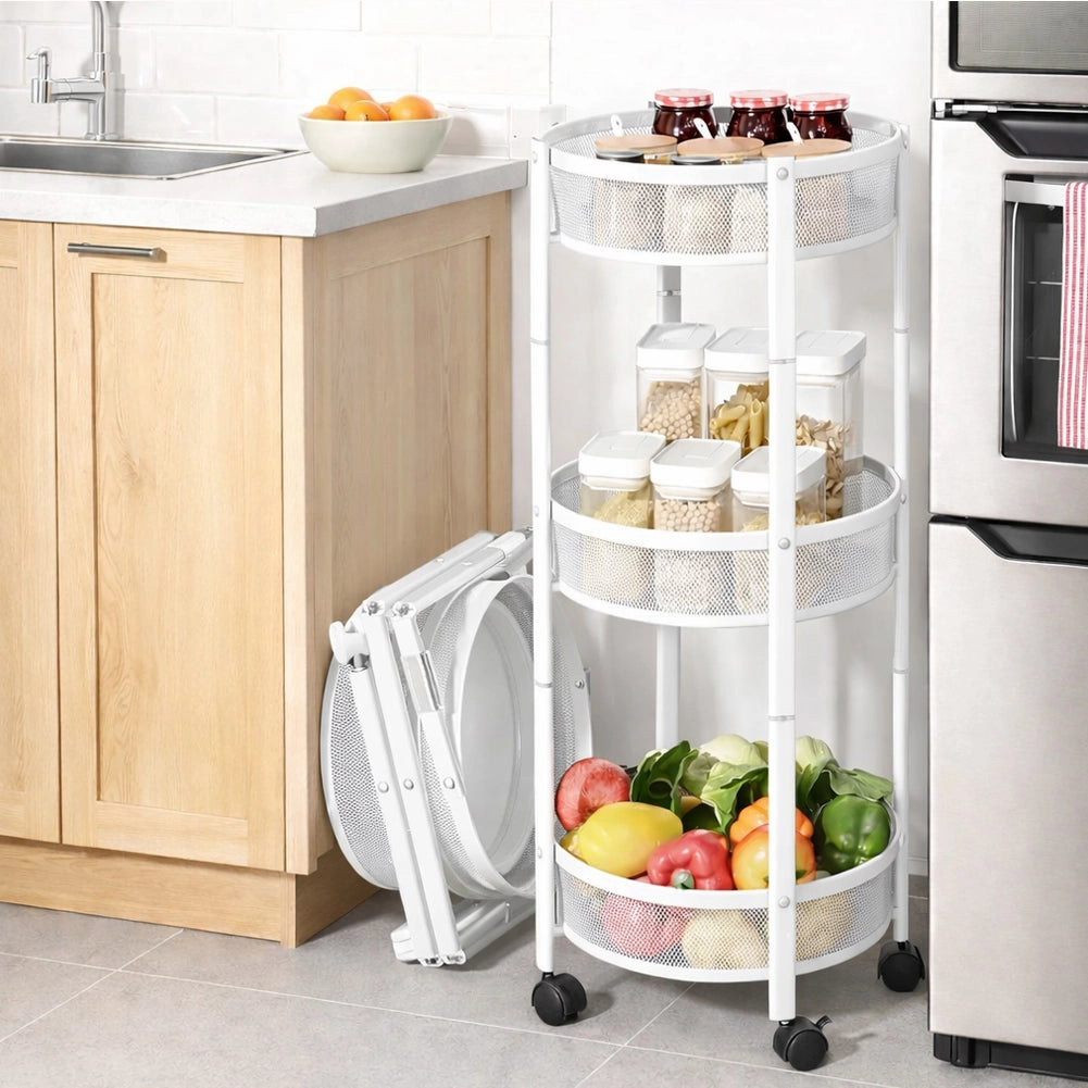 Carrello Pieghevole Salvaspazio Bianco con 3 Ripiani Organizer Versatile 88x35cm
