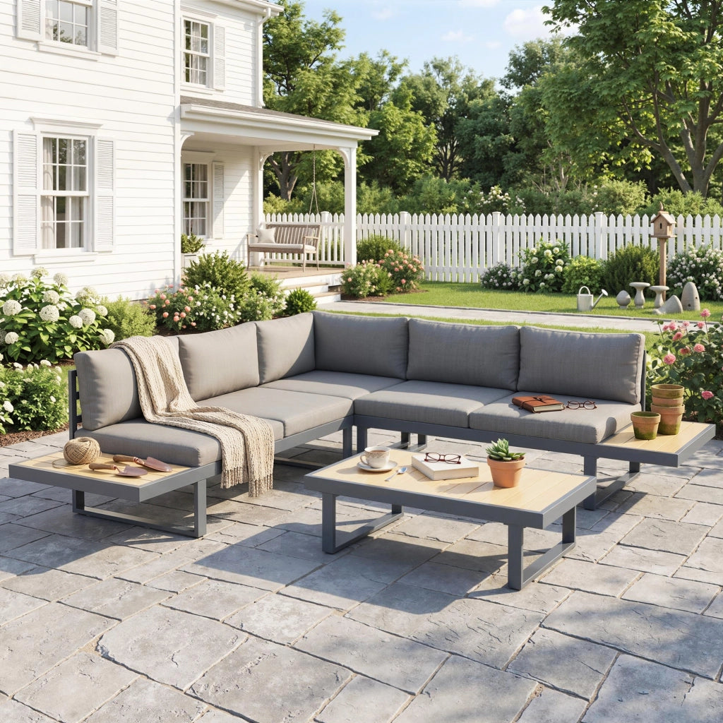 Set da Giardino 4 Pezzi in Alluminio con Divanetti, Poltrona Angolare e Tavolino ¨C zephmum ¨C Grigio e Teak