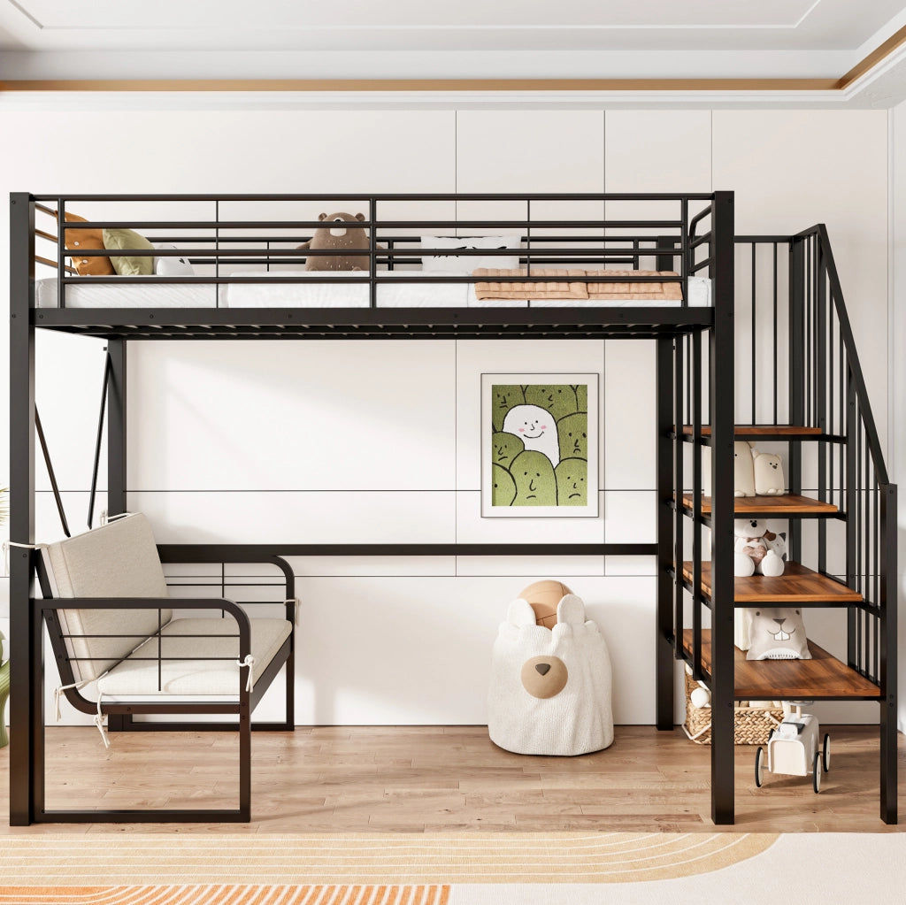 LETTO A CASTELLO 90x200 cm in metallo e MDF nero con divano imbottito rimovibile