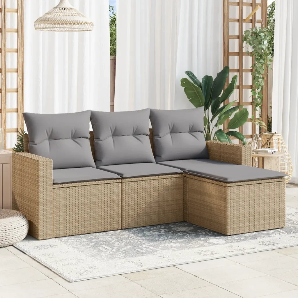 Set Divano da Giardino 4 pz con Cuscini Beige in Polyrattan