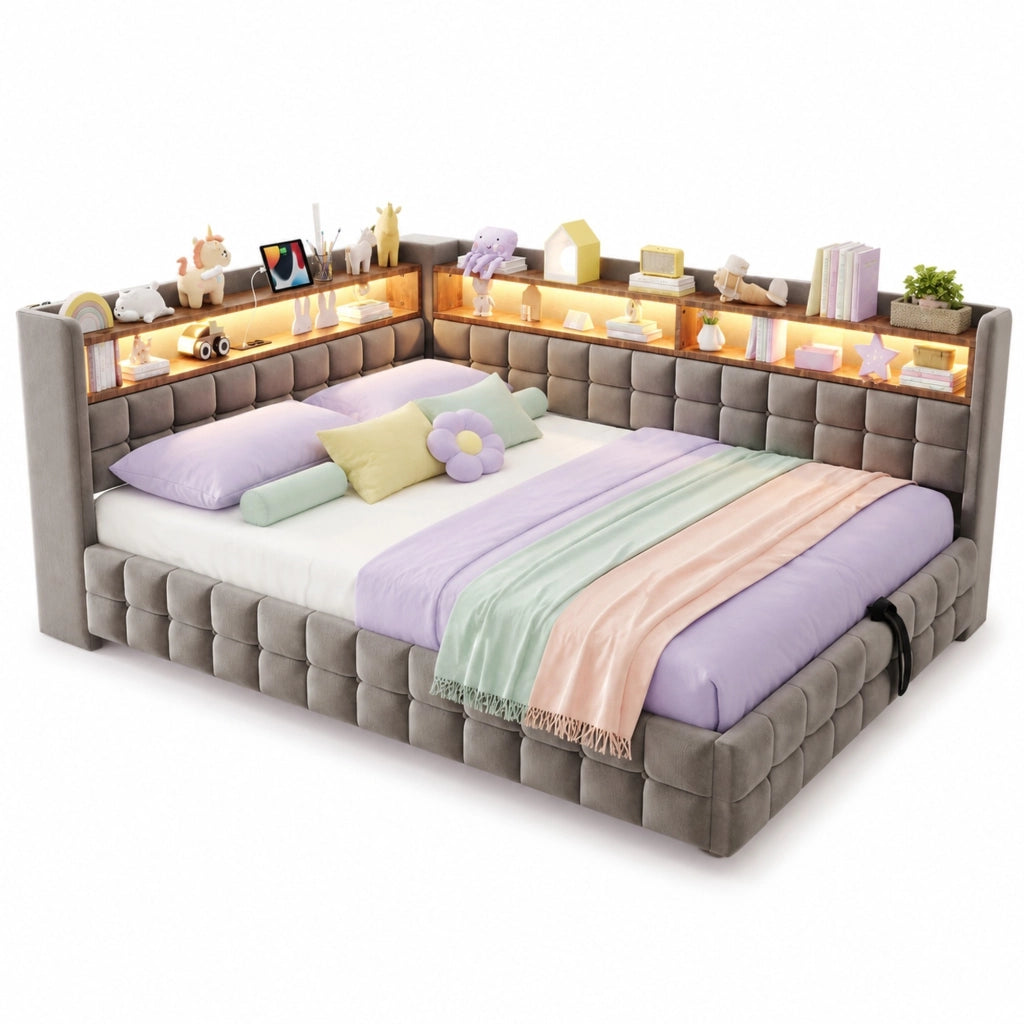 Divano letto imbottito multifunzione 140x200 cm in velluto grigio chiaro con LED e vano contenitore