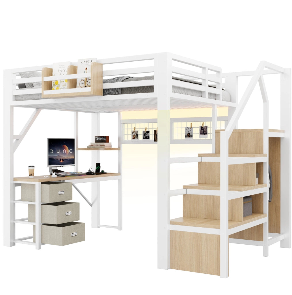Letto a soppalco 140x200 cm con scrivania, LED e armadio