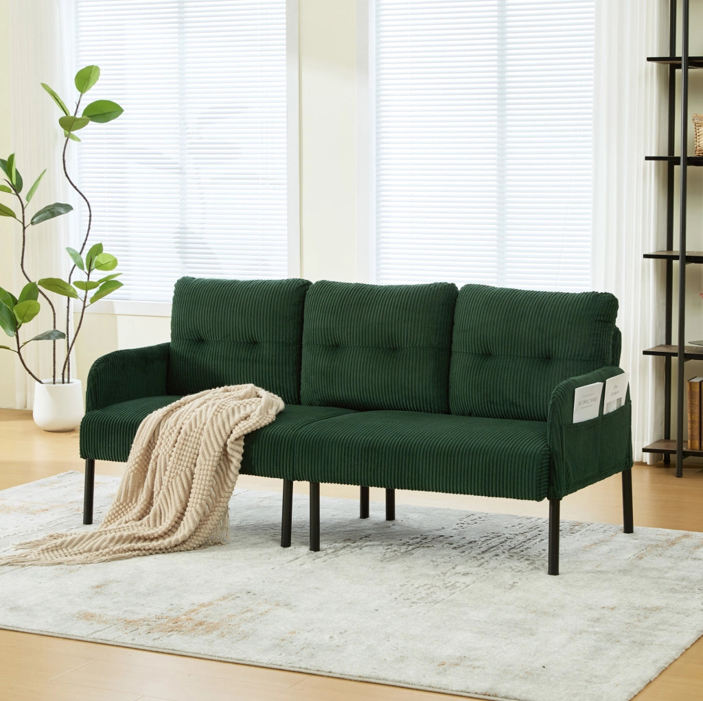 Divano a 3 posti in corduroy verde smeraldo con schienale ergonomico e tasca laterale