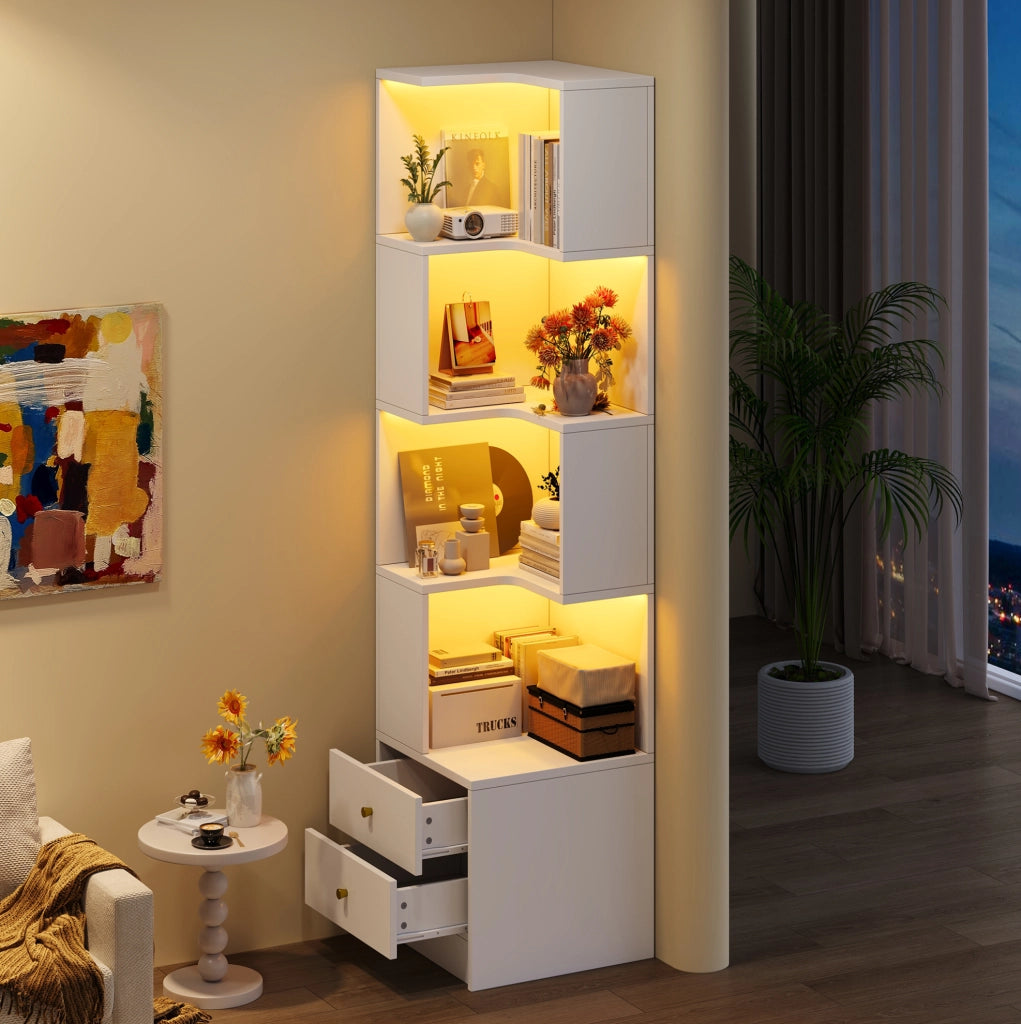 Libreria ad angolo a L con illuminazione LED e doppio cassetto