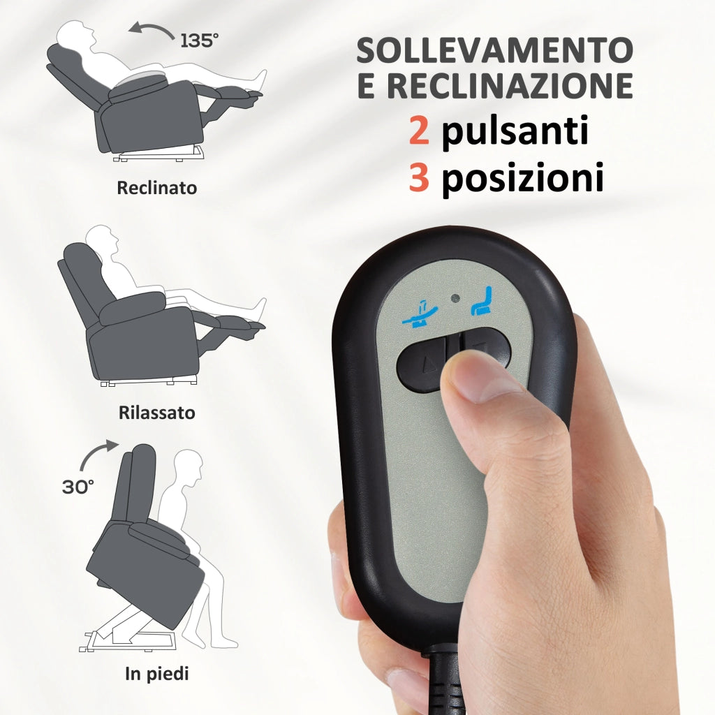 Poltrona Alzapersona Elettrica Reclinabile con Telecomando e Tasca in Tessuto, Grigio Carbone