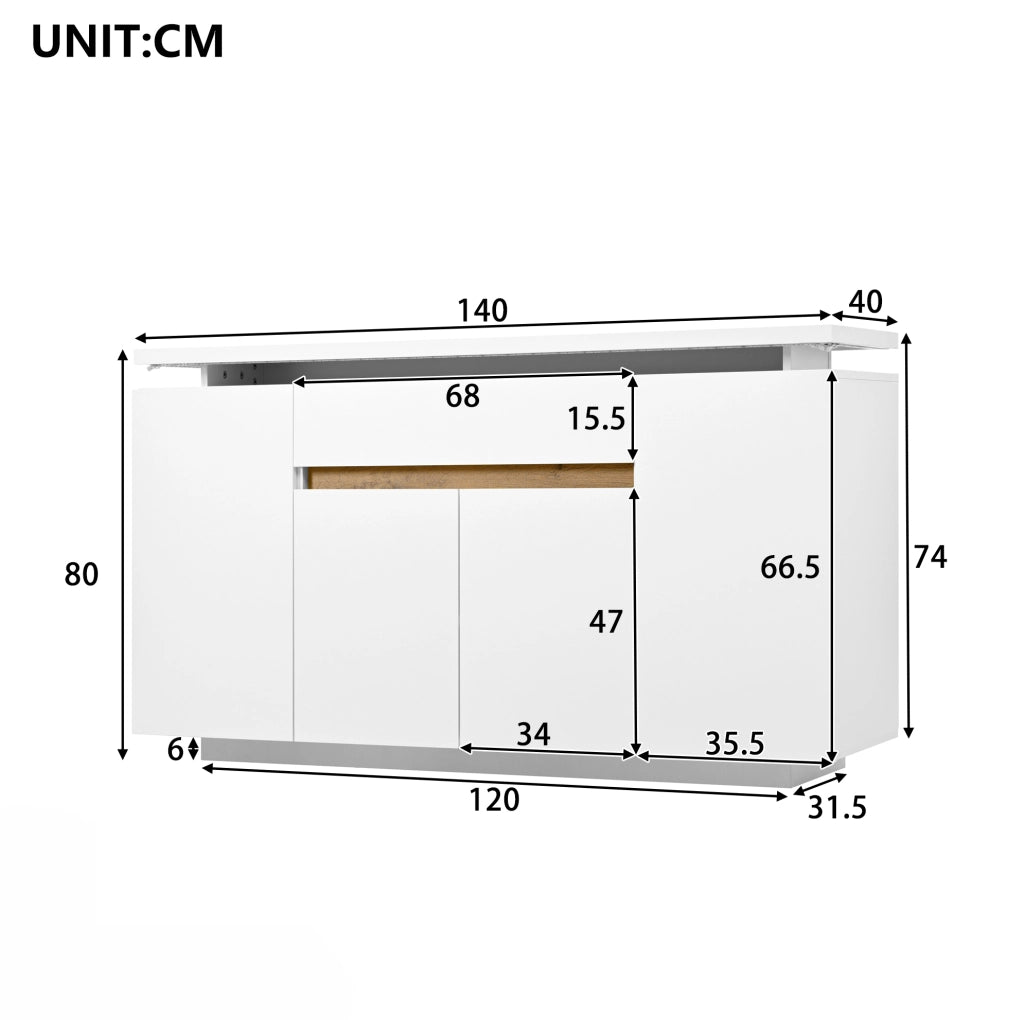 Credenza con illuminazione LED; 1 cassetto e 4 ante; 140x40x80 cm; bianca