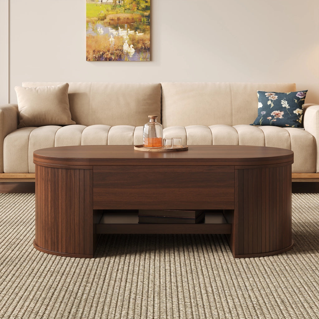 Tavolino da caffè alzabile con piano sollevabile e vano interno - per soggiorno - 110×55.5×40 cm - in MDF - noce