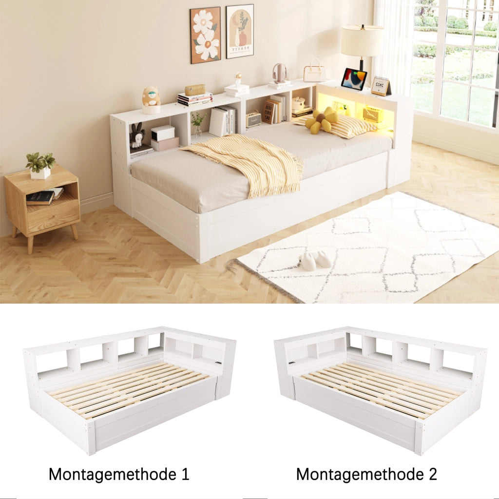 DESMIU Lit semplice 90 × 200 cm 1 posto con presa multifunzione, LED e vani portaoggetti, senza materasso, in MDF, bianco