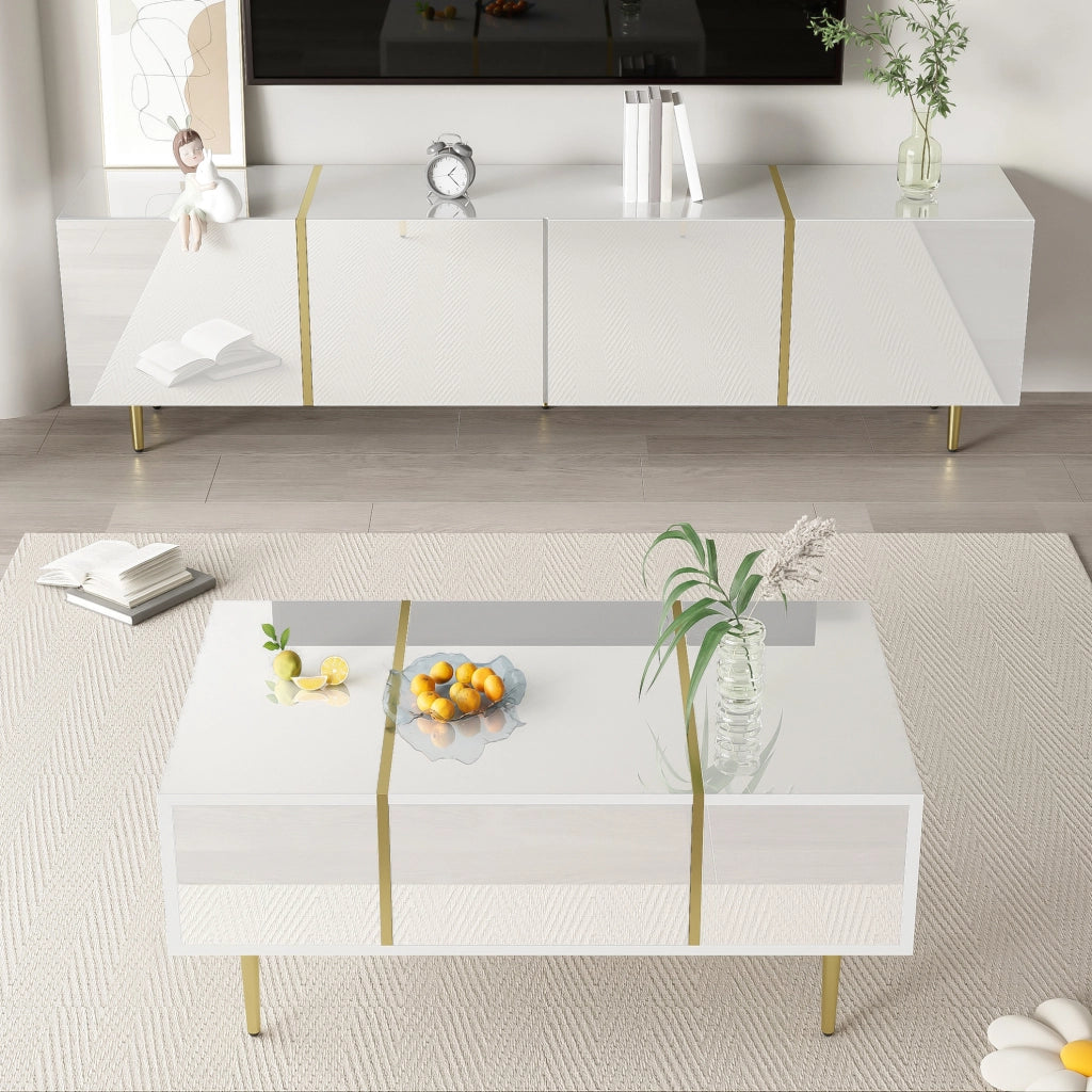 Set mobile TV e tavolino da salotto bianco lucido con dettagli oro