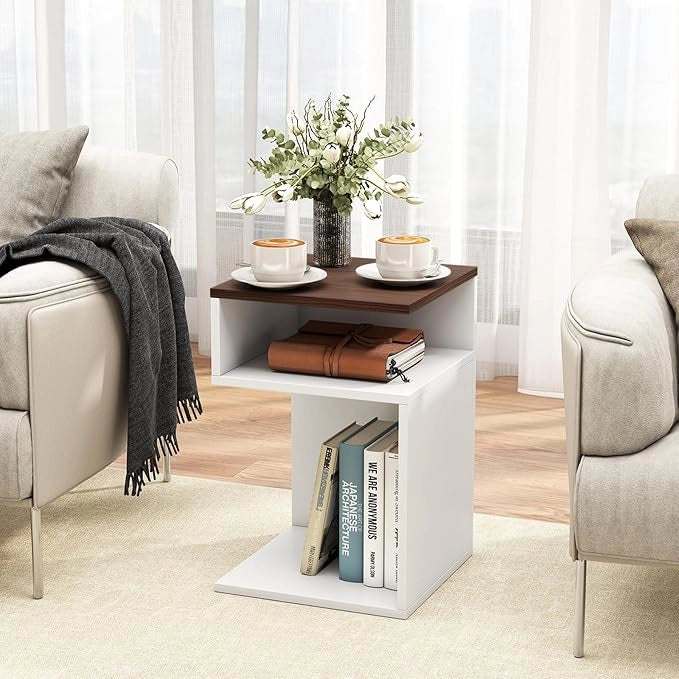 Tavolino Laterale da Salotto a Forma di S per Piccoli Spazi, Tavolino per Divano con 2 Scomparti Aperti, Comodino Moderno per Soggiorno, Camera da Letto e Studio, Bianco (2,Noce e Bianco)