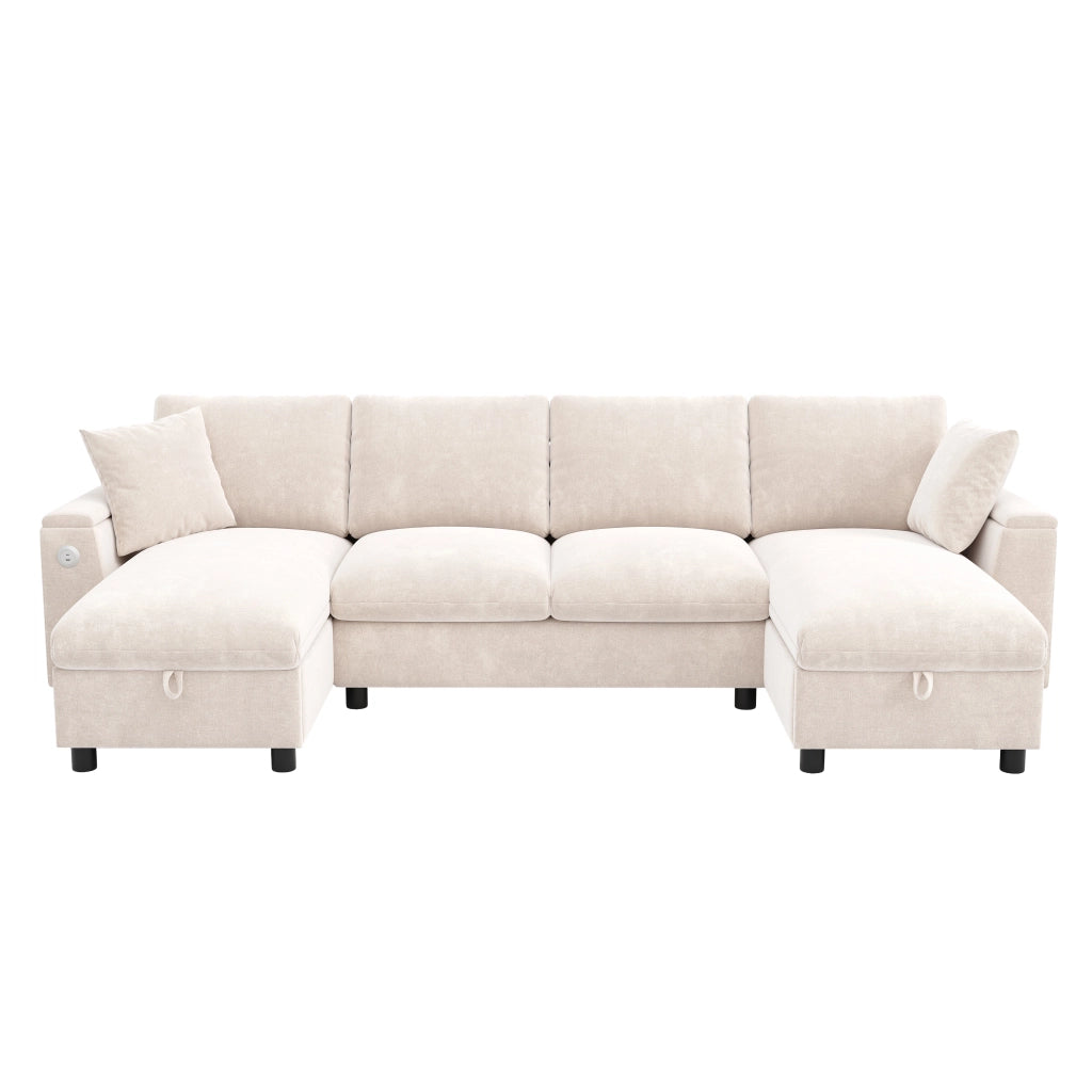Divano a U, tessuto chenille, chaise longue, con vano portaoggetti, porte USB/Type-C, 284 x 135 x 84 cm, beige