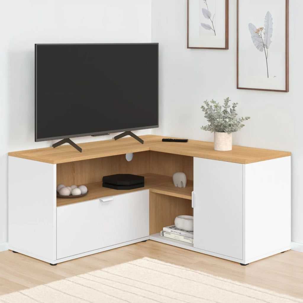IDMarket - Mobile TV angolare BALTAZAR 90 x 90 cm in faggio e bianco