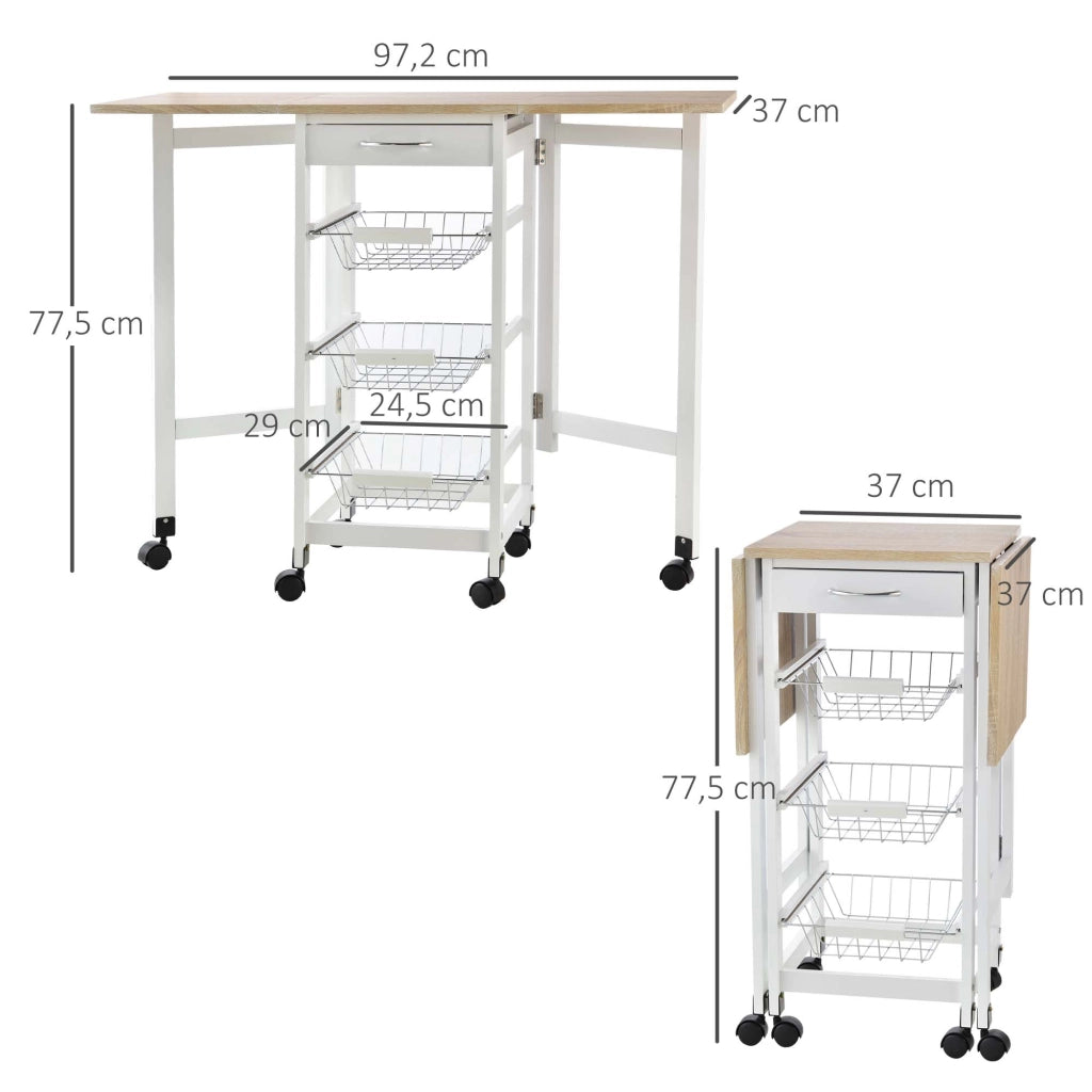 Carrello da cucina pieghevole con cassetto e cestini ¨C zephmum ¨C 97.2x37x77.5 cm bianco e rovere