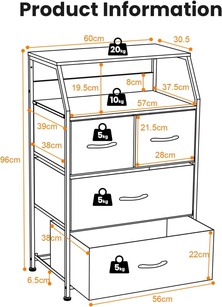 Cassettiera portaoggetti con 4 cassetti in tessuto e 2 ripiani aperti, dispositivo antiribaltamento, cassettiera per camera da letto, soggiorno, marrone
