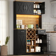 dispensa alta con ripiani LED e portabottiglie in MDF naturale e nero per cucina 105 × 40 × 180 cm