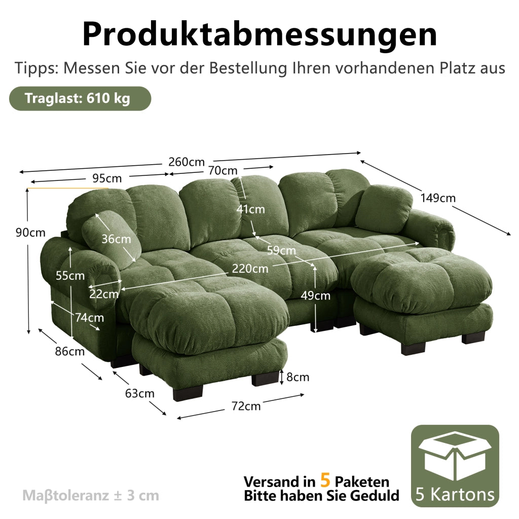 Divano modulare a U con pouf mobile e cuscini design trapuntato seduta confortevole in chenille verde 260 × 149 × 90 cm