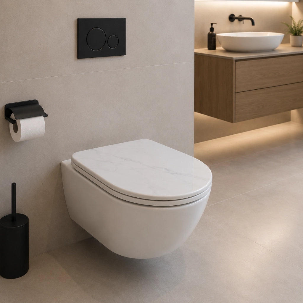 Sedile Copriwater Universale MDF Bianco Effetto Marmo Con Cerniere 94107