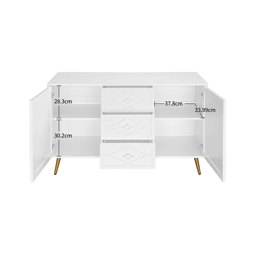 Com¨° elegante con motivo a losanga - Xylo - 120¡Á40¡Á80 cm - Bianco - 3 cassetti 2 ante piedi dorati