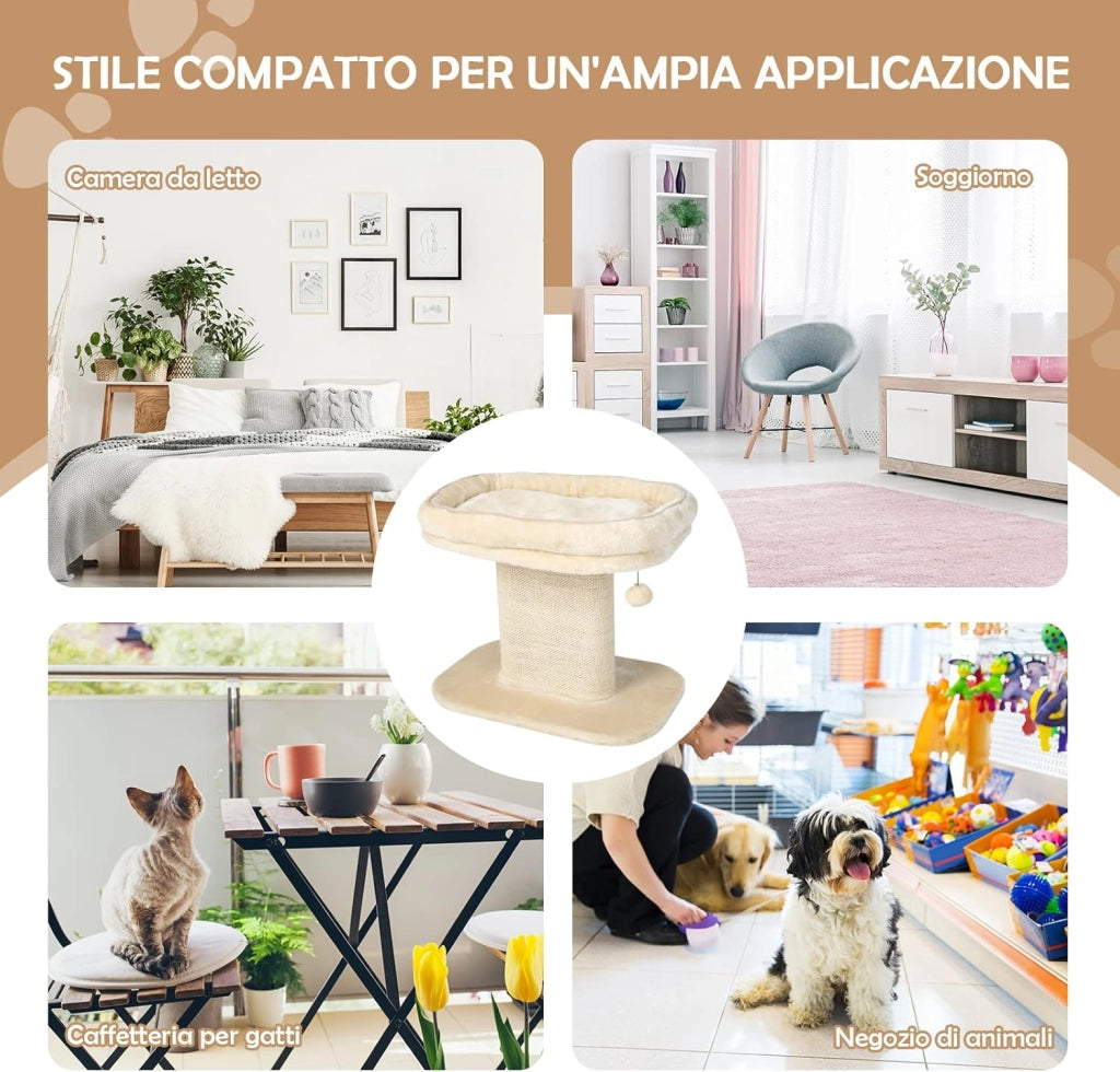 Tiragraffi per Gatti, Albero con Grande Cuccia in Peluche e Sisal, Palla, da Divano in Legno per Gatti Piccoli, Portata 20 kg (Beige)