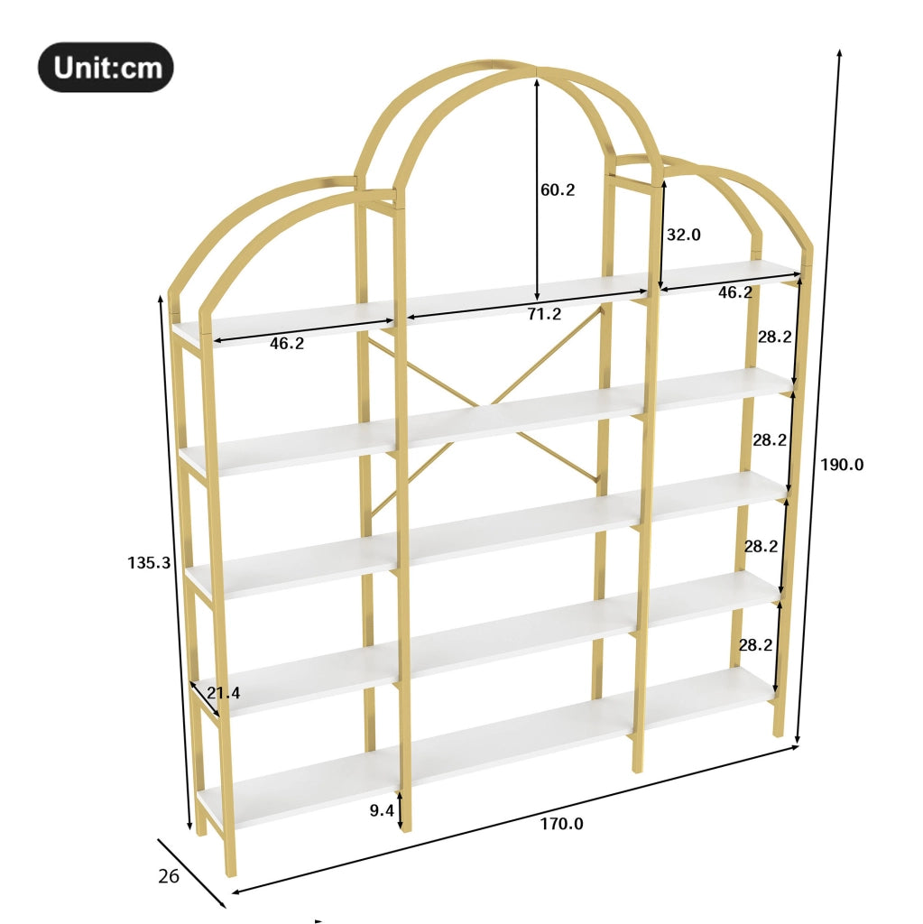 Libreria a 5 ripiani in MDF e metallo bianco e oro 170x26x190 cm