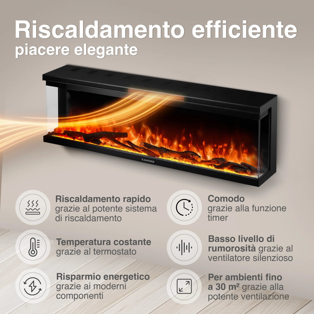KAMINIO Camino elettrico LEA - Camino 3 in 1 con vista panoramica, riscaldamento, effetto fiamma, 12 colori delle fiamme, telecomando - 60 pollici