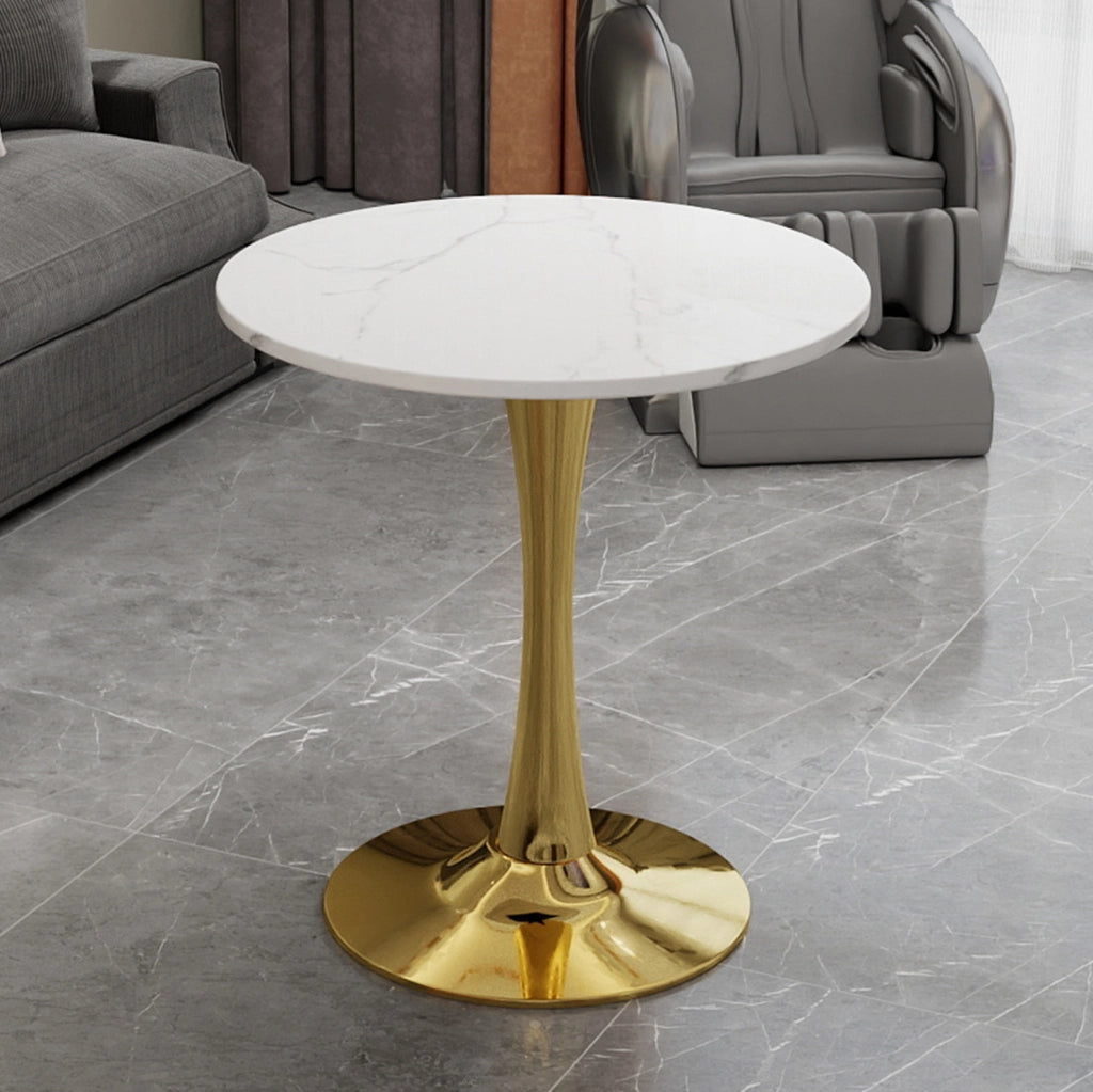 Tavolino rotondo moderno in marmo artificiale bianco dorato; stile minimal