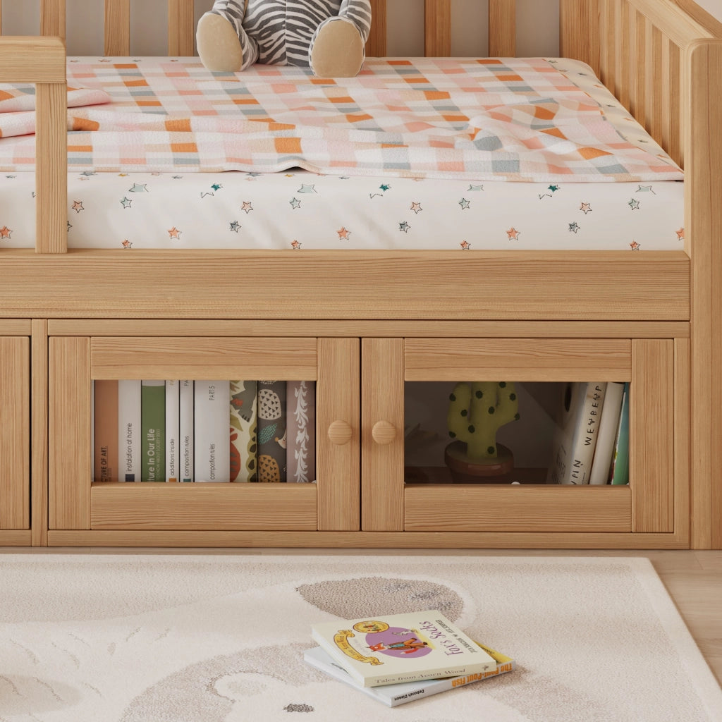Letto per bambini 90x200 cm, con sponde di sicurezza, completo di cassetti e contenitore, color legno naturale