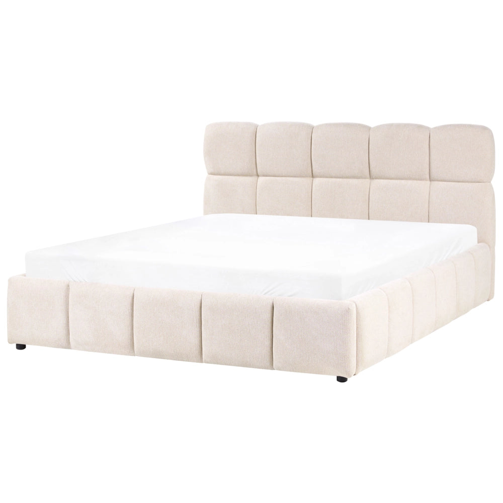 Letto matrimoniale imbottito con struttura a molle a sollevamento trapuntata 160 x 200 beige chiaro con contenitore a molle sollevabile