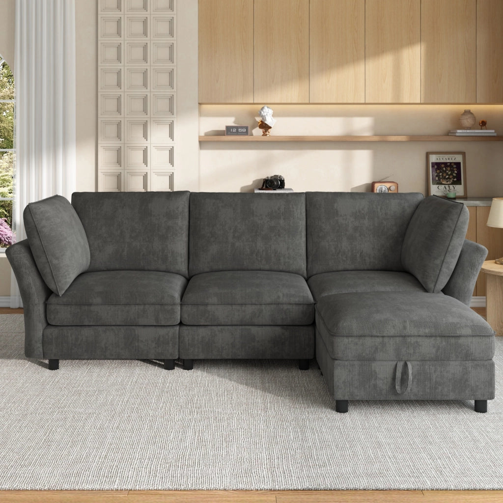 Divano modulare a L con pouf contenitore e cuscini in chenille grigio con braccioli ergonomici 4 5 posti