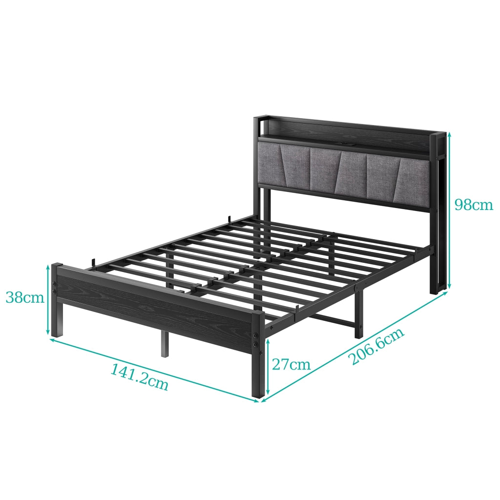 Letto matrimoniale 140 × 190 cm con LED, testiera contenitore e USB, senza materasso, nero