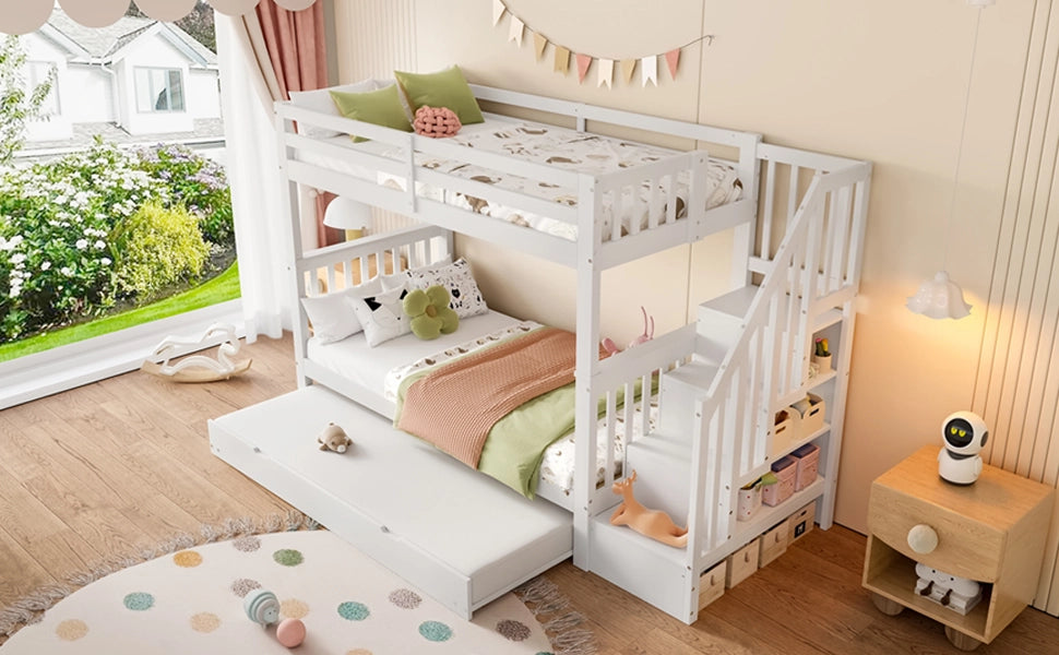 DESMIU Letto a castello 1 posto 90 × 200 cm con ripiani a scala, letto estraibile, senza materasso, bianco
