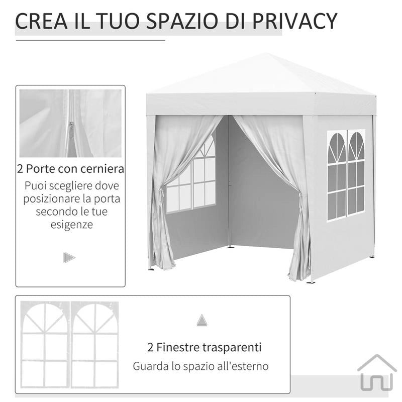 GAZEBO PIEGHEVOLE POP UP 2X2 M CON 4 PARETI RIMOVIBILI IN POLIESTERE E ACCIAIO, BIANCO