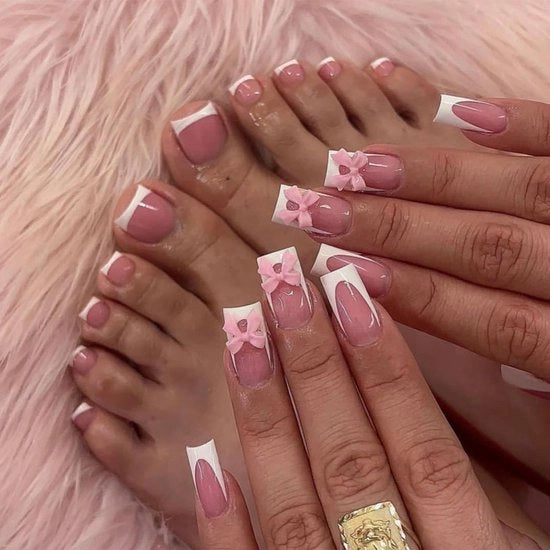 Set di unghie adesive con punta francese - 48 pezzi - colore bianco e rosa - per donne - modello quadrato medio - applicazione con pressione