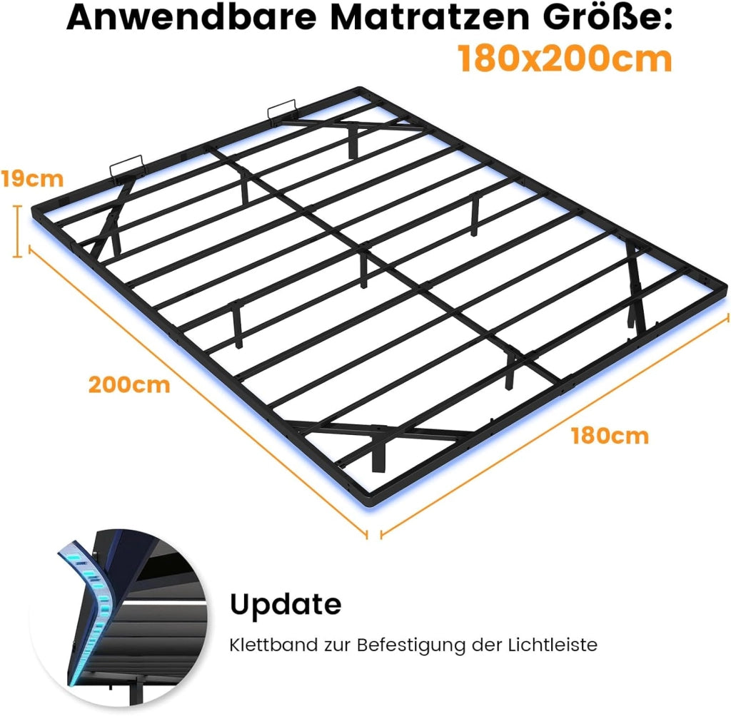 Telaio letto in metallo, letto per gli ospiti, struttura in metallo, con LED e prese, letto per ragazzi 180 x 200, app e telecomando, struttura stabile con rete a doghe
