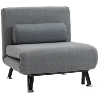 Poltrona Letto con Schienale Regolabile in 5 Posizioni, Tessuto Effetto Lino e Acciaio, 75x70x75 cm, Grigio