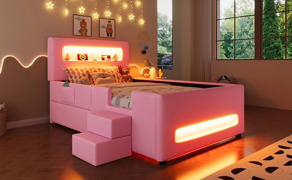 Letto imbottito con luci led, cassetto, prese USB e scaletta, rosa 90x200
