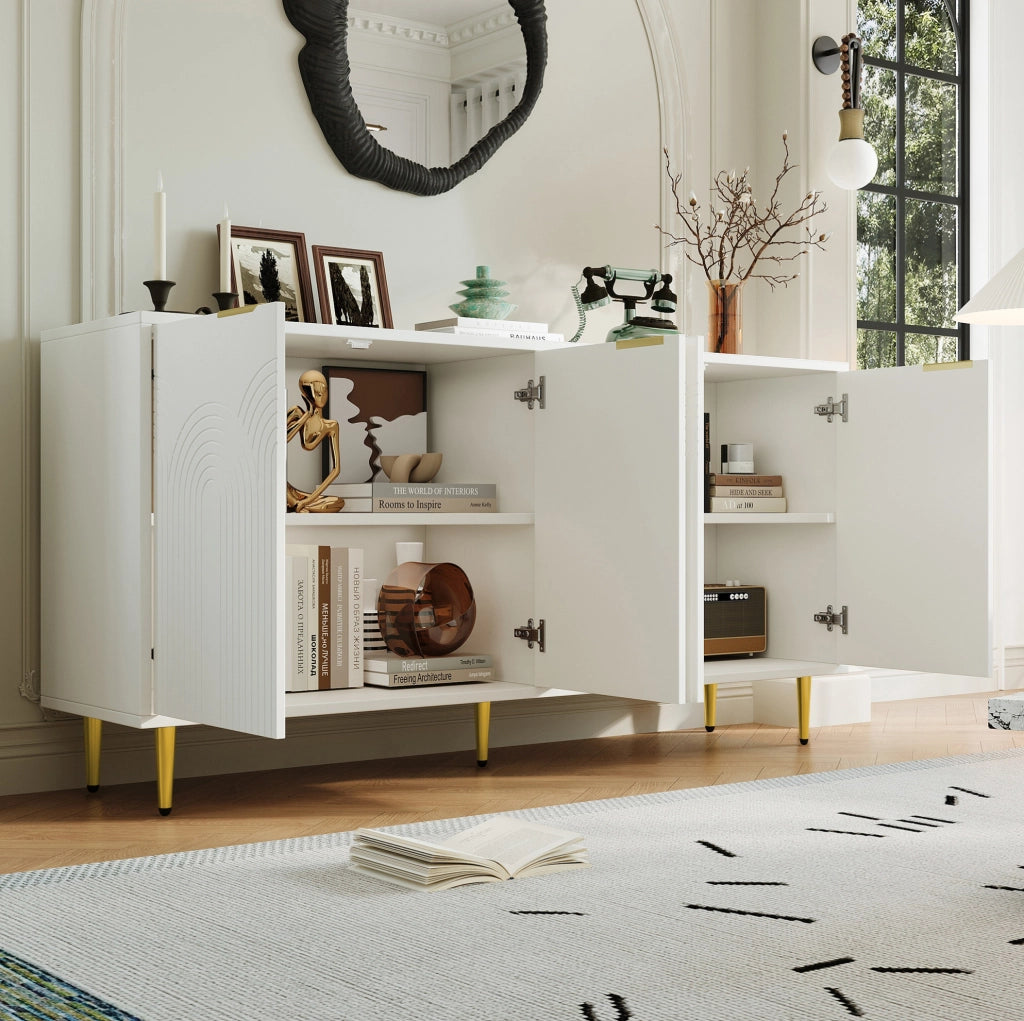Credenza bianca 160x80x40 cm con 4 ante, ripiani regolabili e dettagli oro