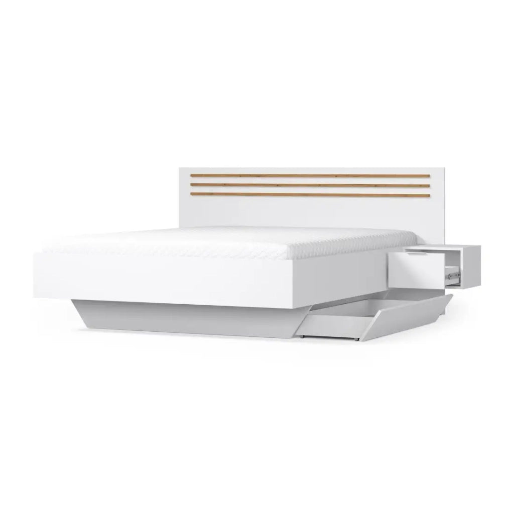 Pacchetto letto FLORENCE – 160x200 cm – Con doghe + 2 cassetti – Comodini integrati – Bianco e rovere
