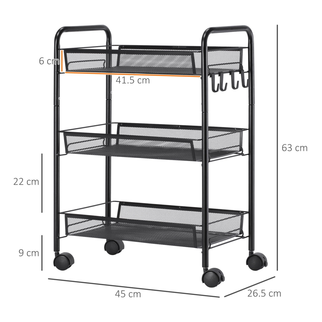 EasyComfort Carrello da Cucina a 3 Livelli con Cesti Removibili e 4 Ruote, in Acciaio e Plastica PP, 41.5Lx26.5x63 cm, Nero