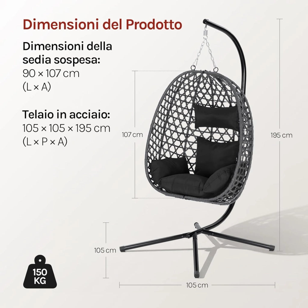 Poltrona Sospesa a Uovo, Sedia Sospesa con Supporto in Metallo, Cuscino e Poggiatesta, Altezza Regolabile, in Rattan PE, per Giardino, Terrazza, 102x100x196 cm, Nero