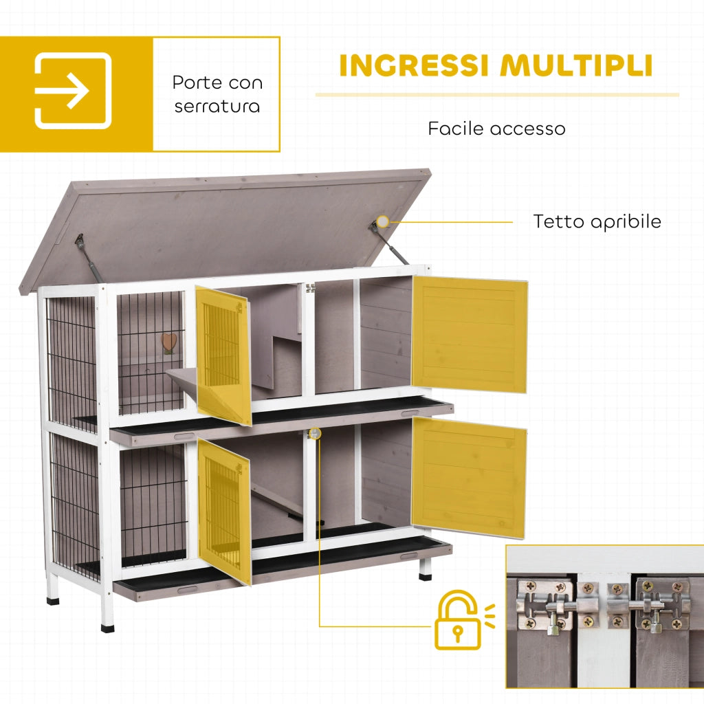 Conigliera in Legno a 2 Livelli con Tetto Apribile, Mangiatoia e Vassoi Estraibili ¨C Minimal ¨C 122x50x101 cm, Marrone