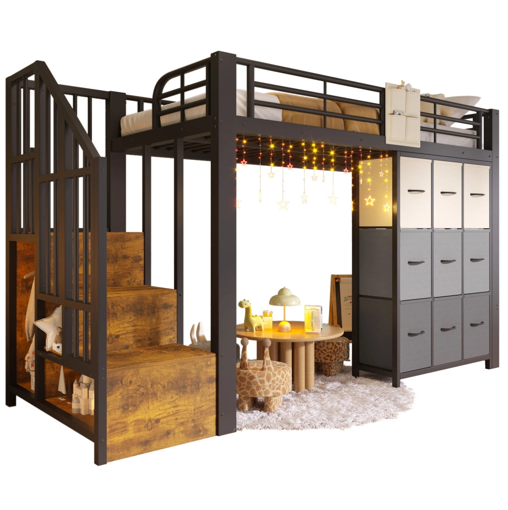 Letto a soppalco 90x200 cm in metallo e MDF nero con cassetti; cabina armadio e scala contenitore
